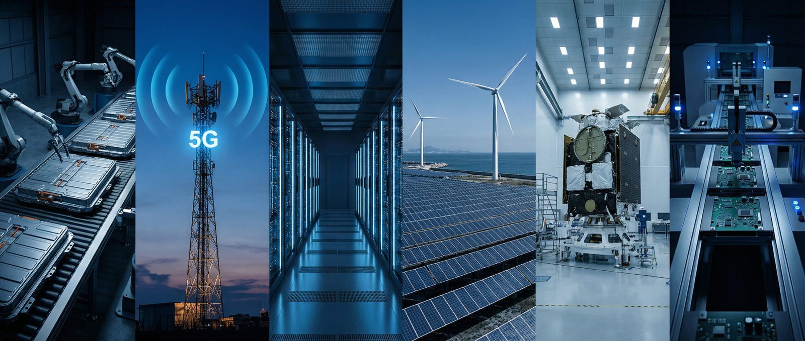 Overview of key industries served by KLEBER including automotive, telecom, AI computing, and new energy sectors