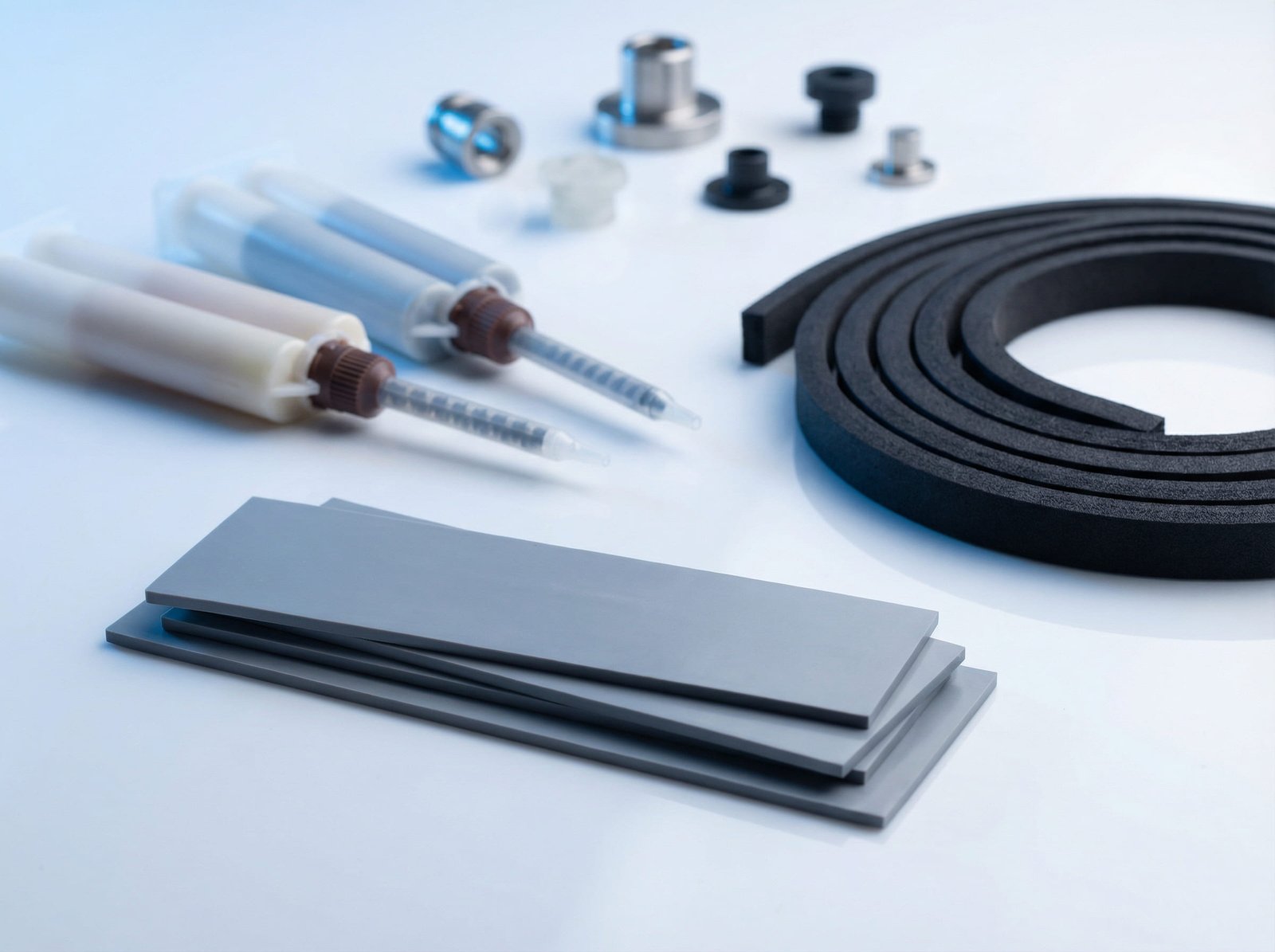 Integrated material solutions combining thermal, adhesive, and EMI shielding technologies